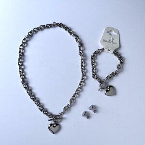 Stainless Steel Chunky Chain Link Heart Toggle Necklace Bracelet & Earrings Set